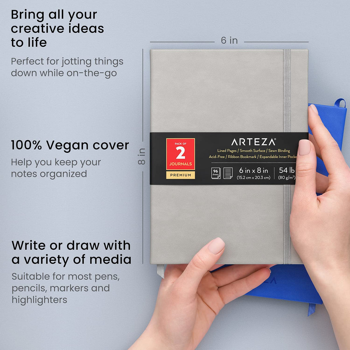 Arteza Lined Journal Notebooks, Pack of 2, 6 x 8 inch, 96 Sheets, Cobalt Blue and Gray, Hardcover