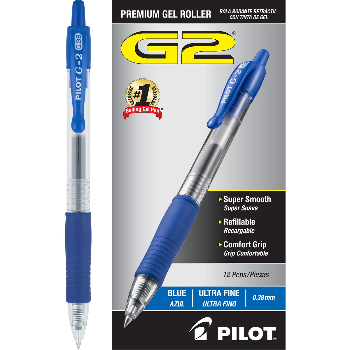 PILOT G2 Premium Retractable Rolling Ball Blue Gel Pens, .38mm, 12-Pack