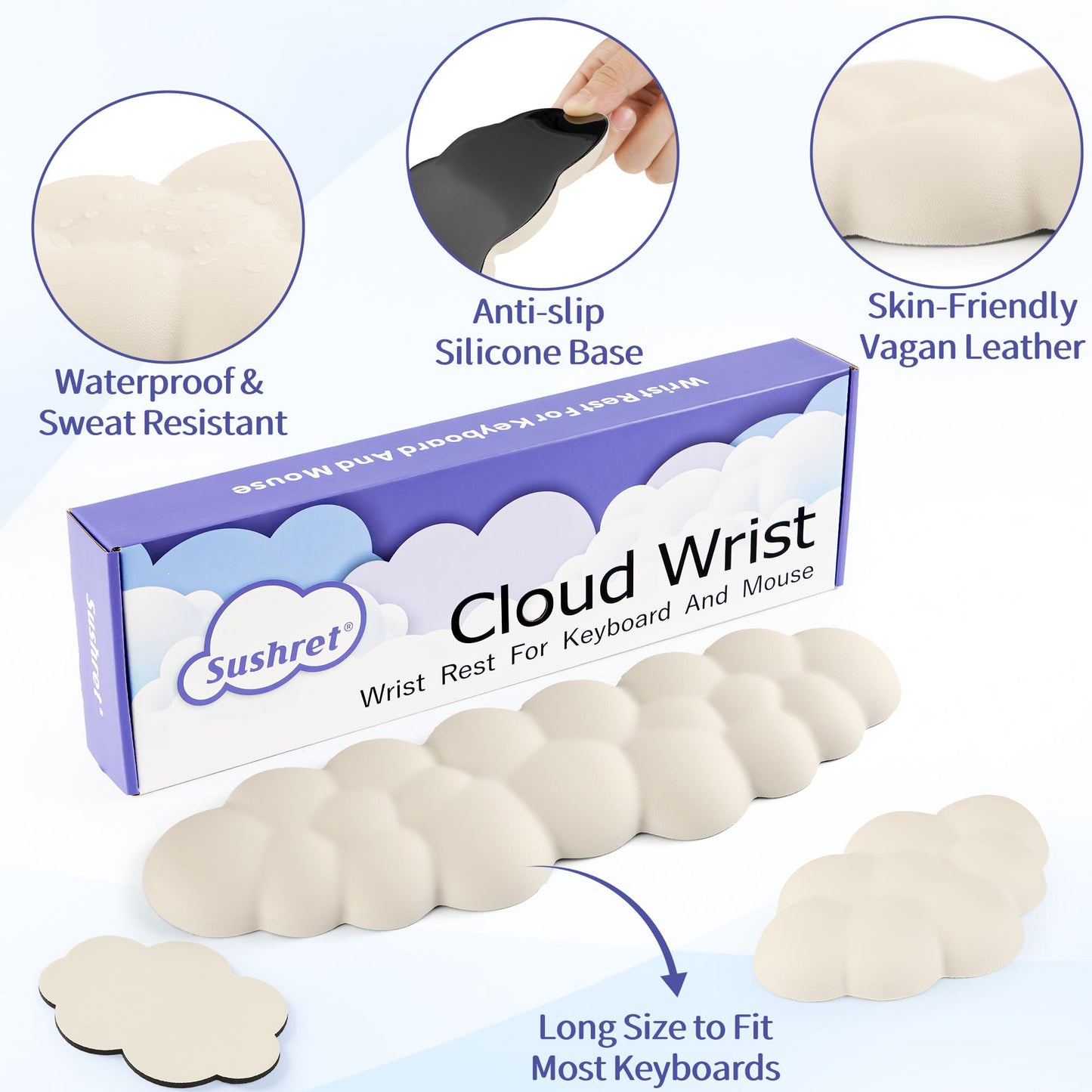 Sushret Cloud Wrist Rest Keyboard, Cloud Keyboard Wrist Pad Set with PU Leather Memory Foam, Cute