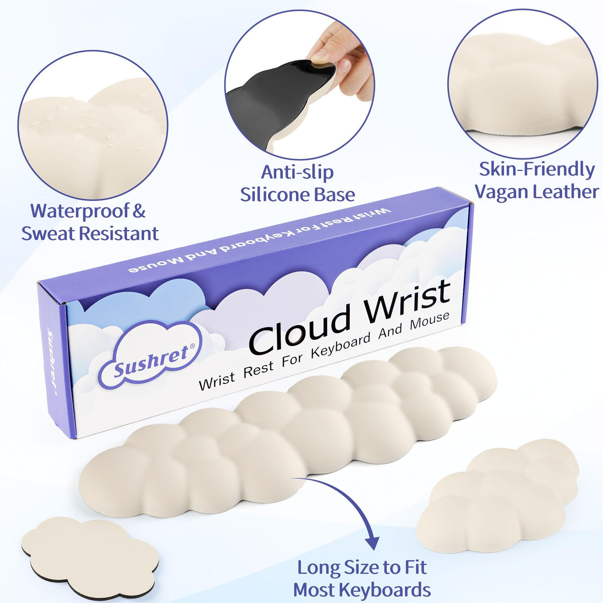 Sushret Cloud Wrist Rest Keyboard, Cloud Keyboard Wrist Pad Set with PU Leather Memory Foam, Cute
