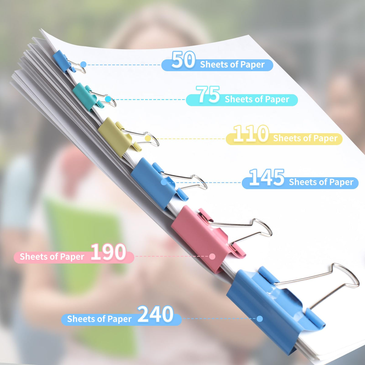 Joyberg 125Pcs Binder Clips Colored, Binder Clips Assorted Sizes, 6 Sizes Binder Paper Clips for