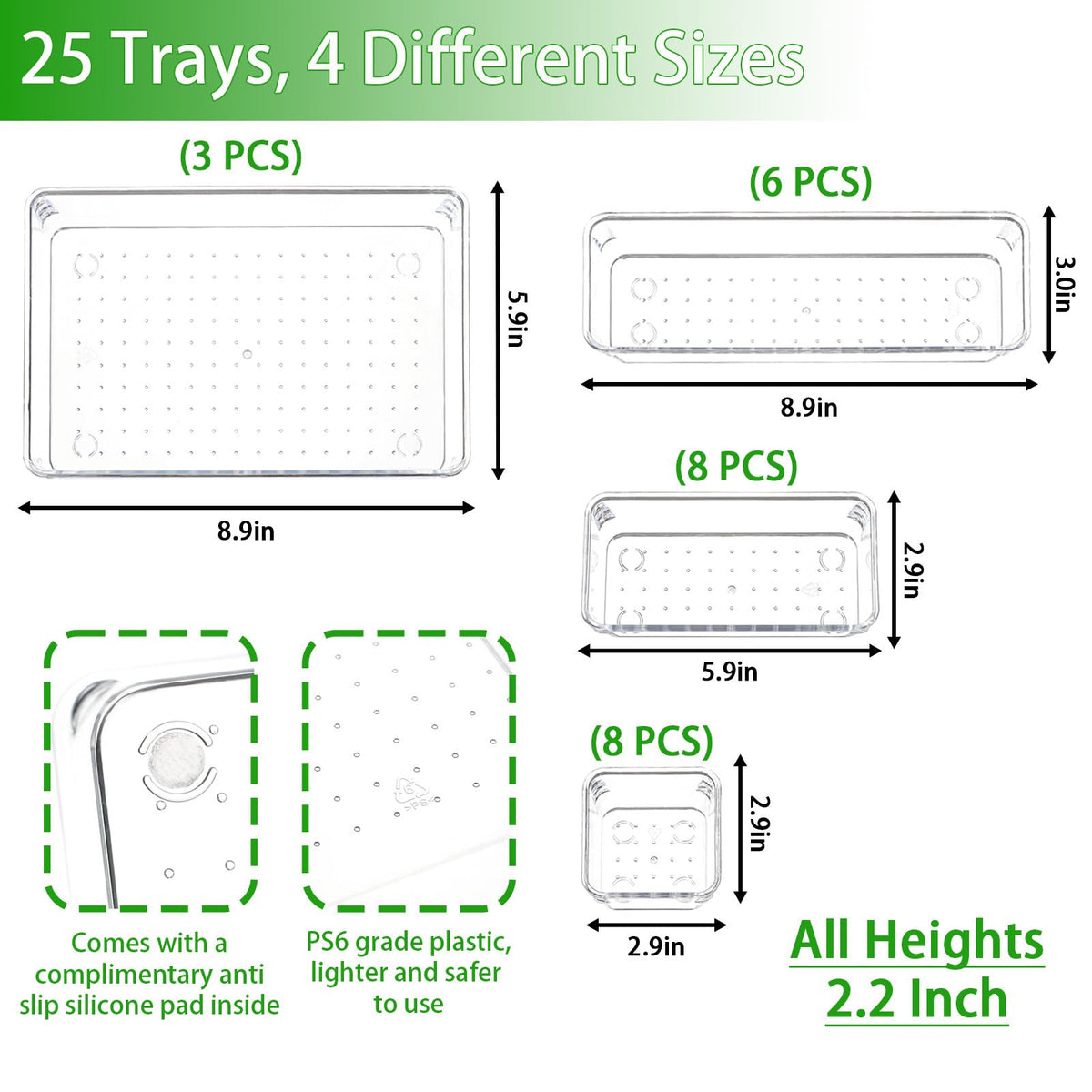 Yieach 25 Pc Clear Plastic Drawer Organizer Set,4 Sizes In Drawer Organizer Trays for