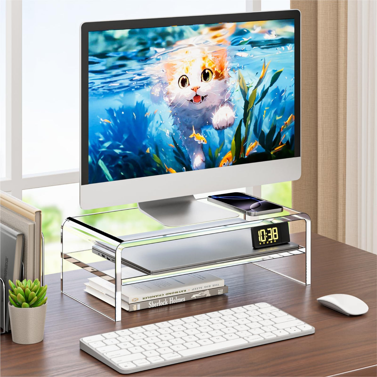 Egchi Clear Acrylic Monitor Stand Riser 2 Tier, 5.12 Inches High Clear Computer Desk Organizer