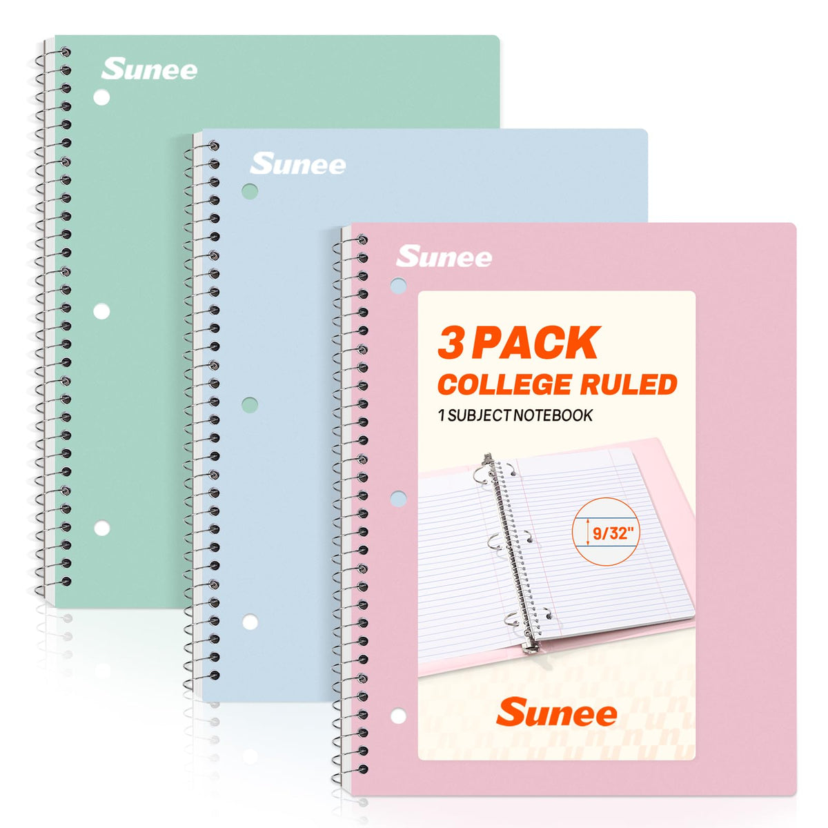 SUNEE Spiral Notebooks, 3 Pack, 1-Subject, College Ruled Paper, 8" x 10-1/2", 70 Sheets per