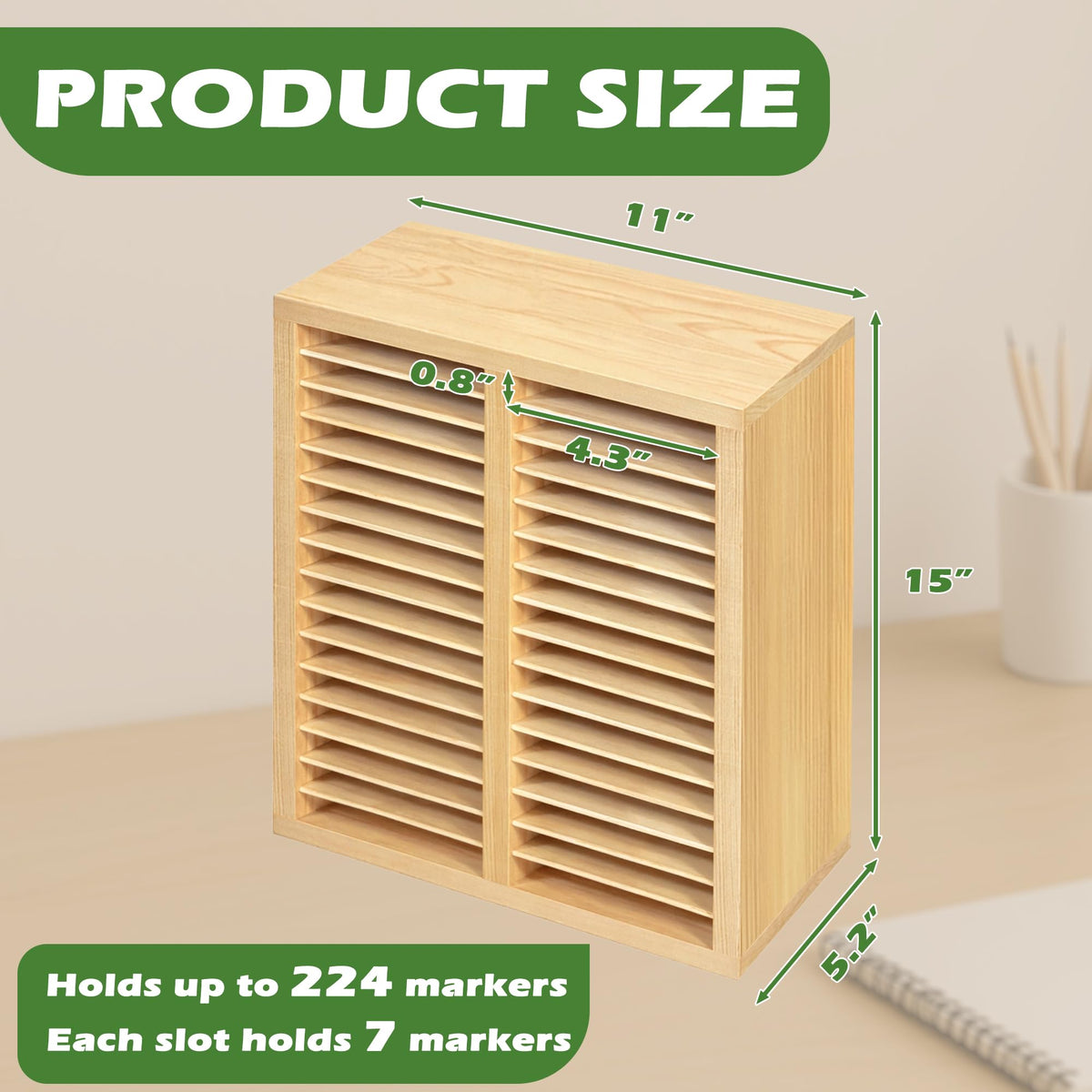 PROLEE Marker Organizer for 224 Markers, Wooden Alcohol Marker Holder with 32 Compartments