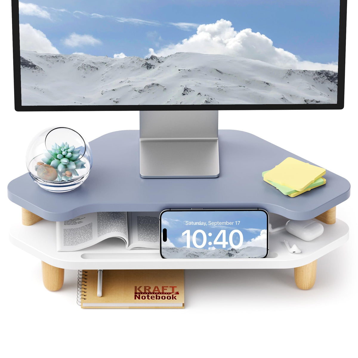 AFOOYO Monitor Stand Riser,2 Tier Corner Wood Sturdy 16.5In Computer Stand, Multi-Purpose Desktop