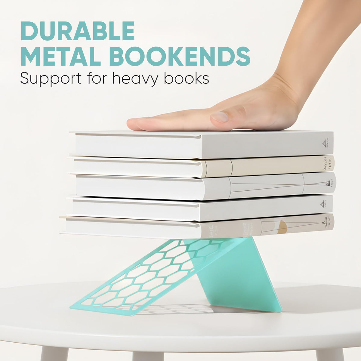 Turquoise Geometric Honeycomb Metal Bookends - Book Ends for Shelves - Decorative Modern Heavy Duty