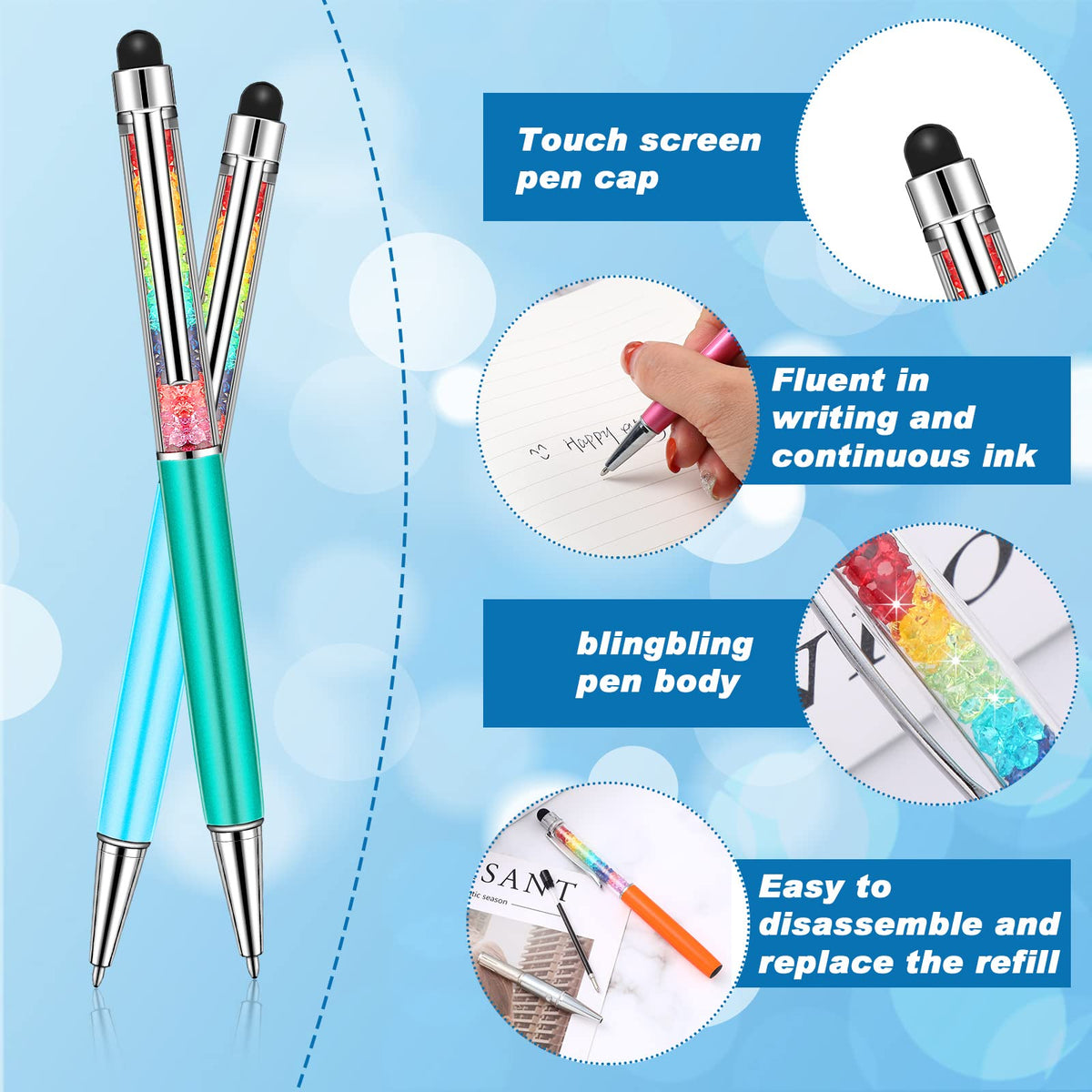 HESTYA 26 Pcs Crystal Stylus Ballpoint Pens 2-in-1 for Women, Cute Colors