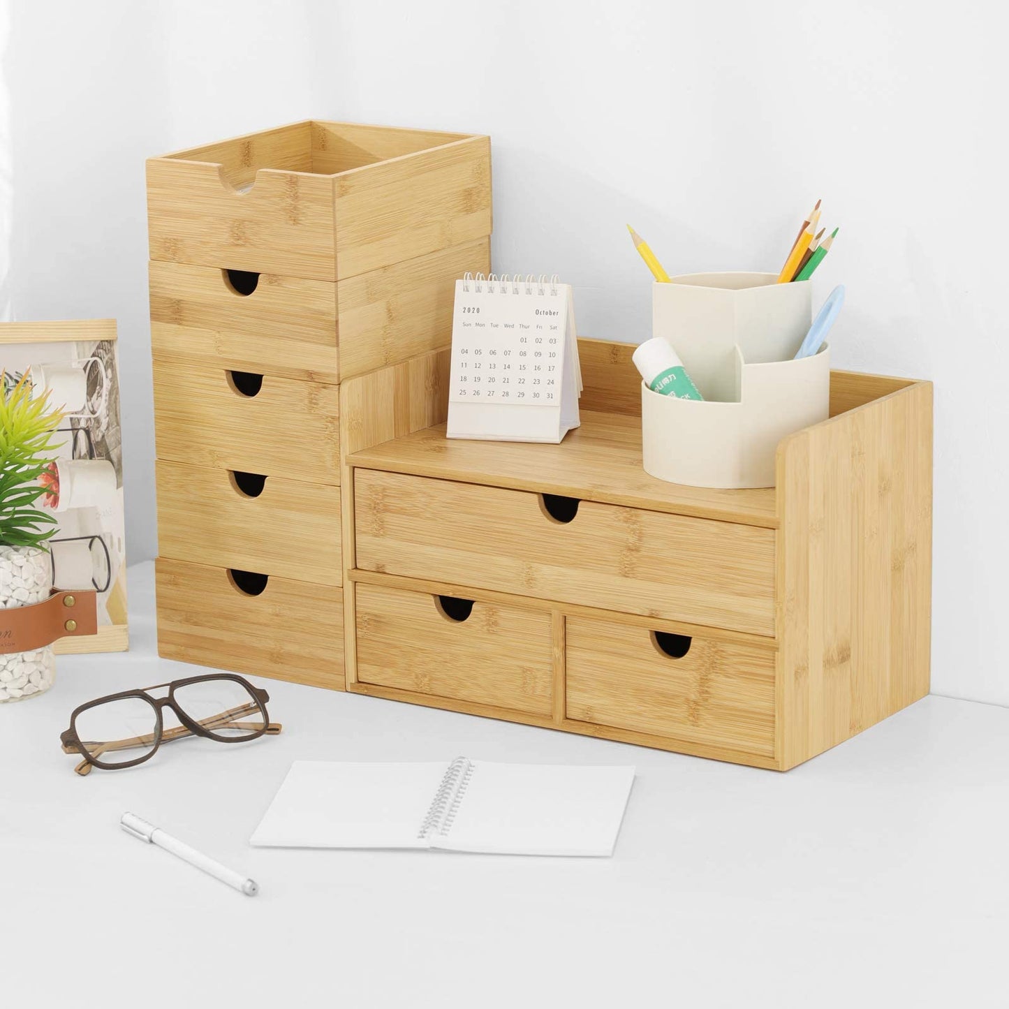Bamboo Desk Organizer with Drawers, 3-Drawer Desktop Storage Box