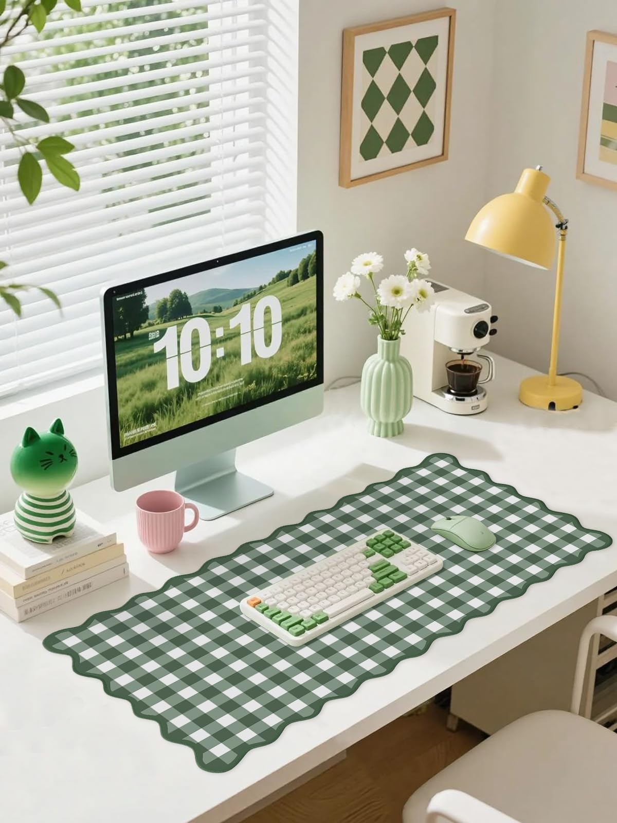 Forest Green Scalloped‌ Checkered Gingham Desk Mat Cute Pastel Large Mouse Pad Kawaii Cottagecore