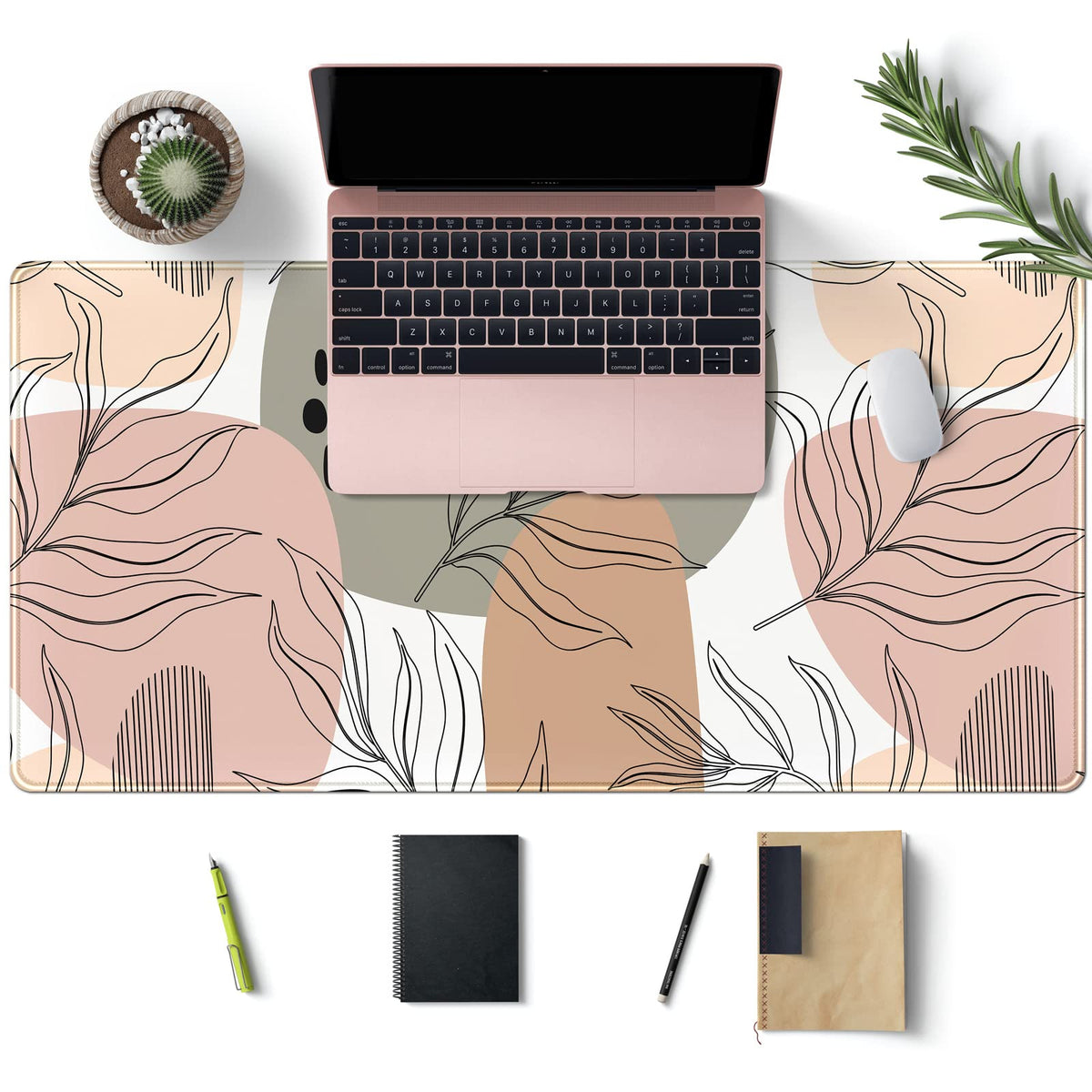 Boho Abstract Large Mouse Pad, Brown Grey Pink Aesthetic XL Mouse Pad, Gaming Mousepad XXL Long
