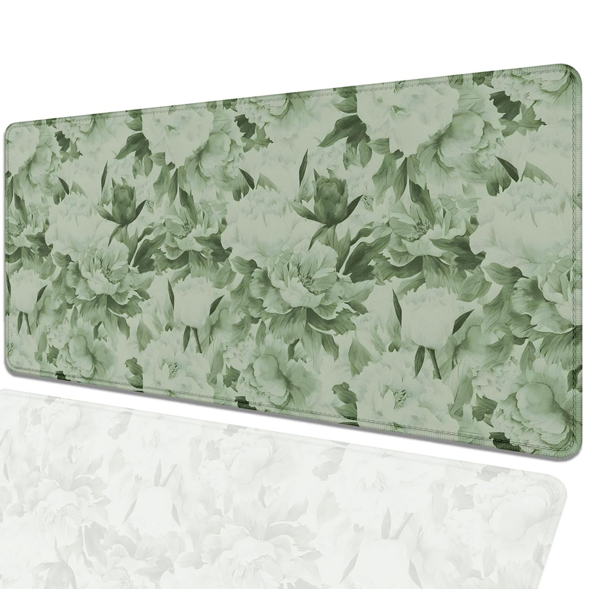 Sage Green Floral Desk Pad Extended Mouse Pad,Large Gaming Floral Mouse Mat with Stitched