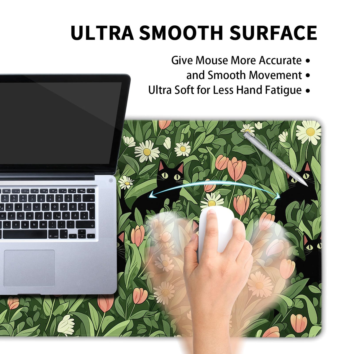 Kawaii Green Plant Gaming Mouse Pad XL Cute Black Cat Flower Cottagecore Extended Big Large Desk