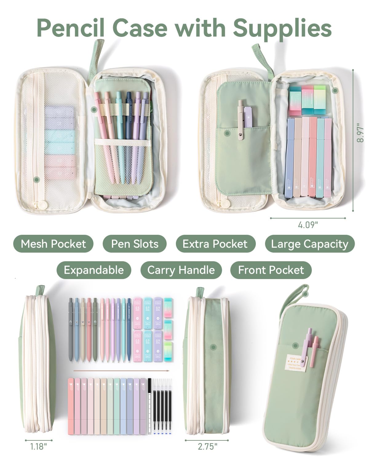 Four Candies School Supplies with Cute Pencil Case, 39ct, Green