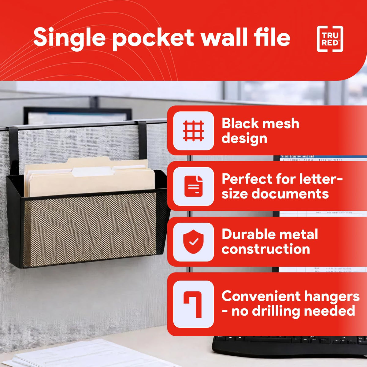 Staples TRU RED Mesh Letter Wall File, 1 - Pocket, Black - Wall - Mounted File Organizer for Mail