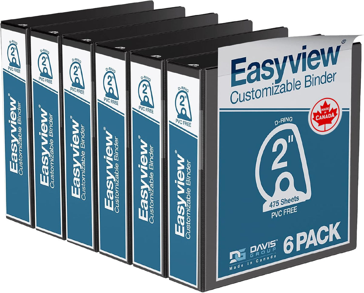 Easyview 3-Ring Binder, Clear-View Cover, 2" D Rings, Black, 6 Pack