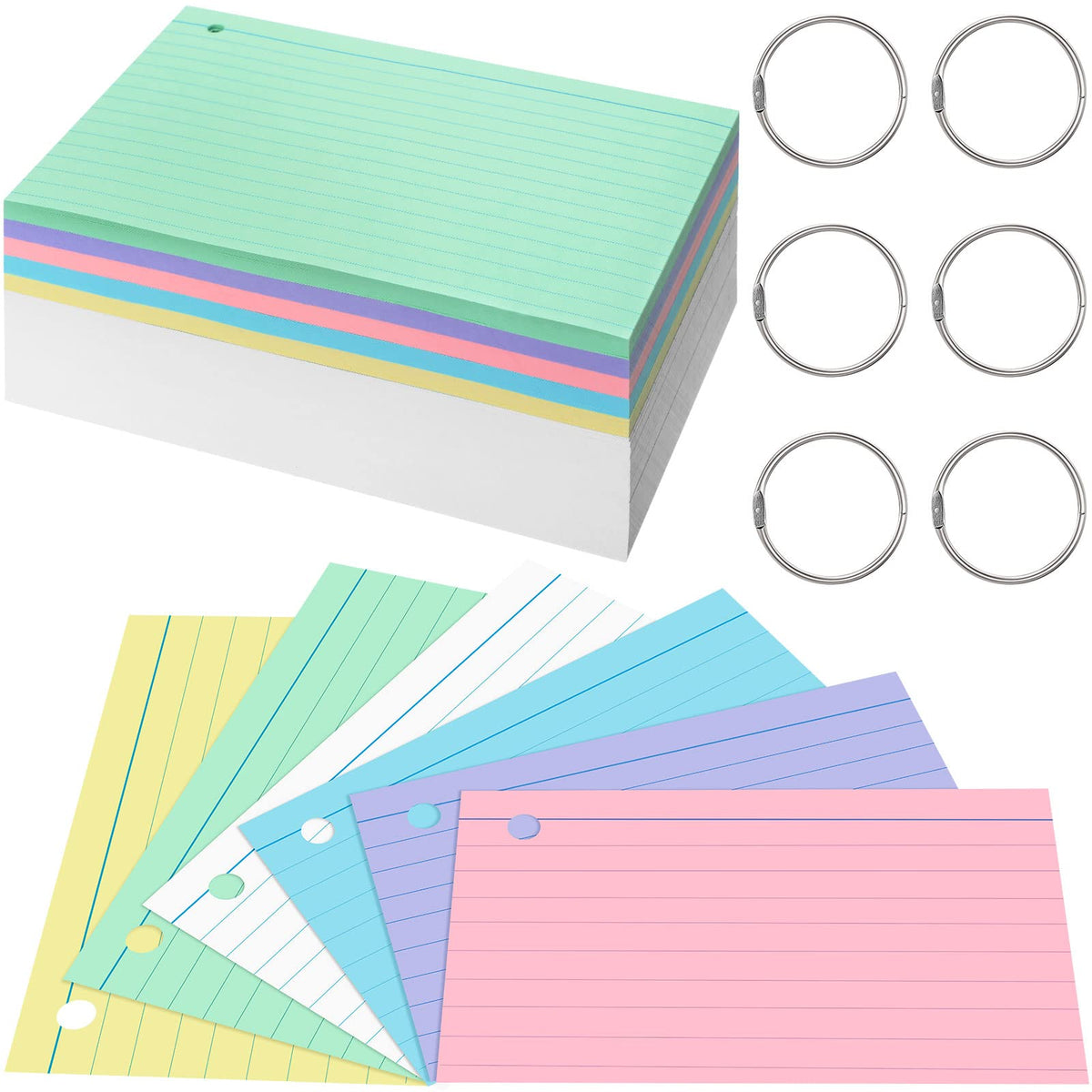 Epakh 300 Pcs Index Cards with Rings, 5 x 8 Inch, Light Color