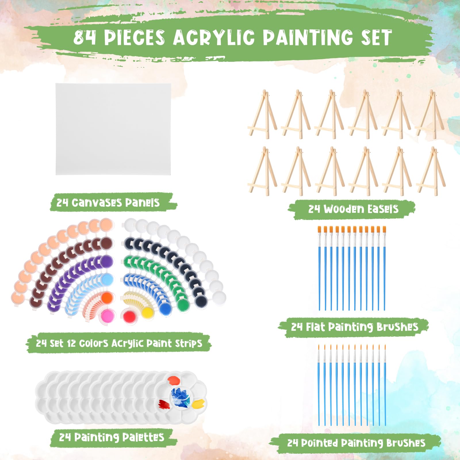 Qilery 24 Set 8 x 10 Inch Canvas Boards and Easel for Painting, Acrylic Paint Strips, Brushes