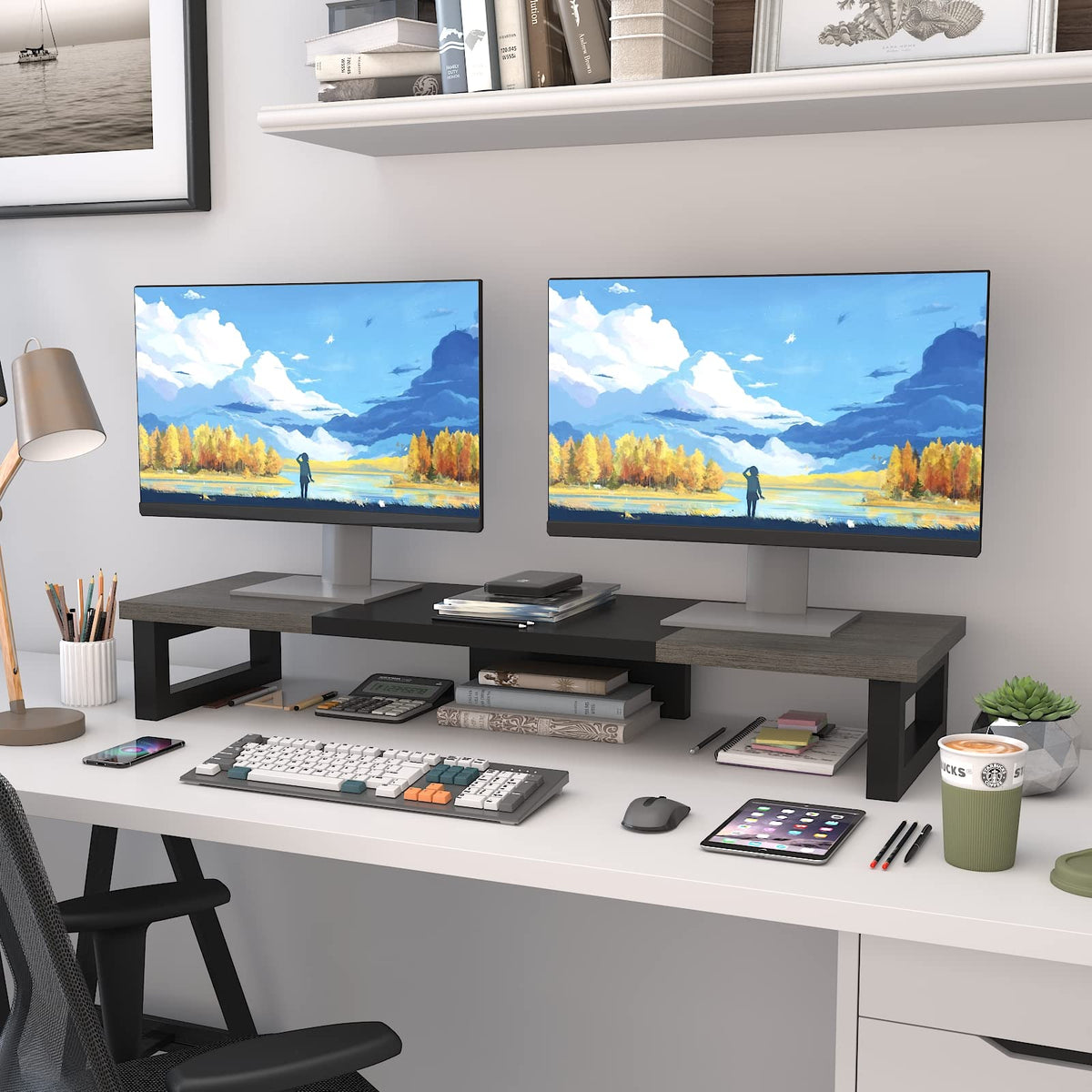 WESTREE Dual Monitor Stand Riser, Wood and Steel Monitor Stand Riser, Computer Monitor Stand for 2