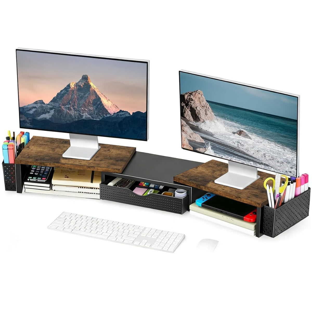 Spacrea Wood Dual Monitor Stand Riser with Drawer and 2 Pen Holders