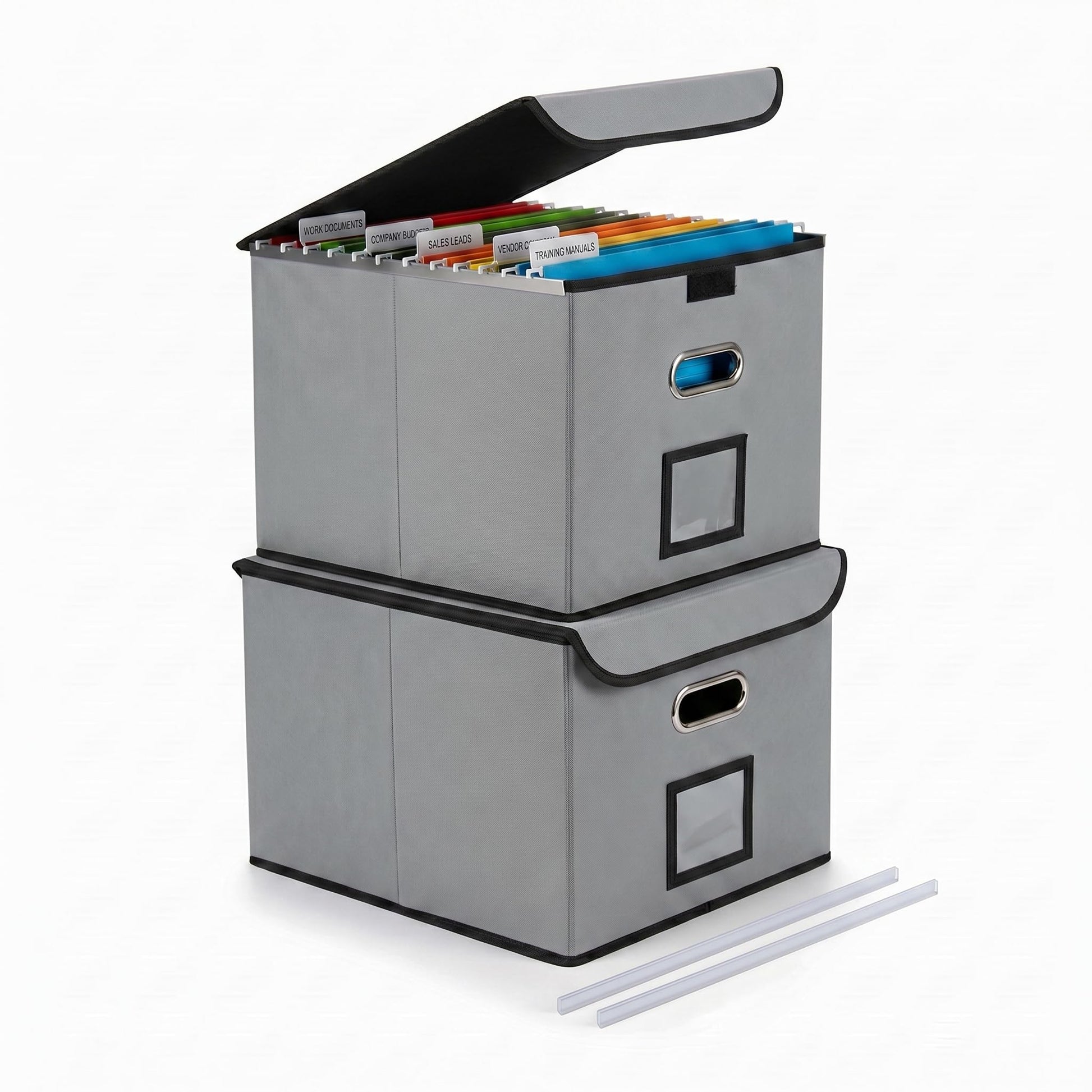 CADONO File Organizer Box with Lid (Grey, 14.9 x 12.59 x 10.8 inch, 2-Pack)