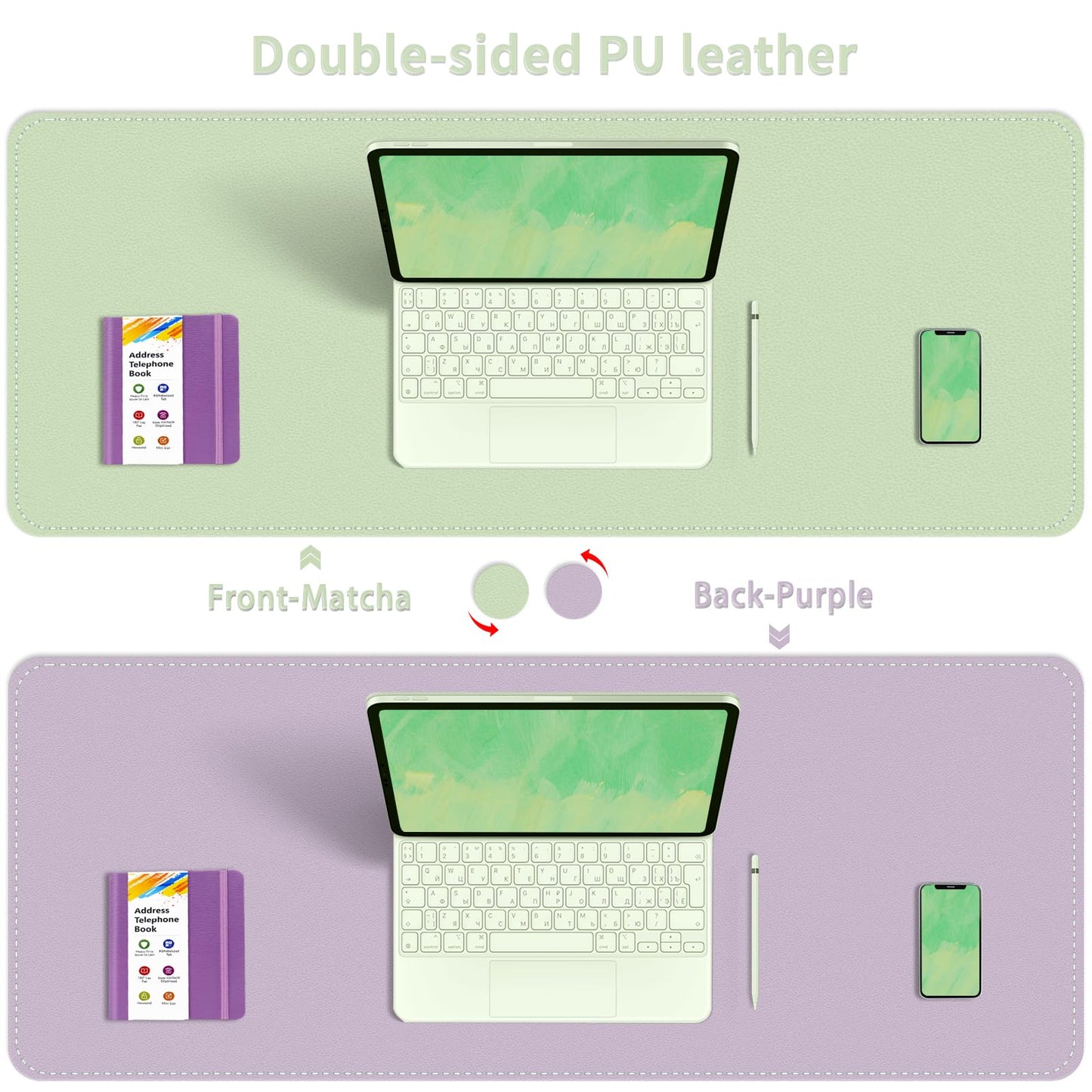 Dual-Sided Desk Mat, Large Pad, Waterproof Smooth PU Leather Blotter Protector, Mouse Pad, Desk