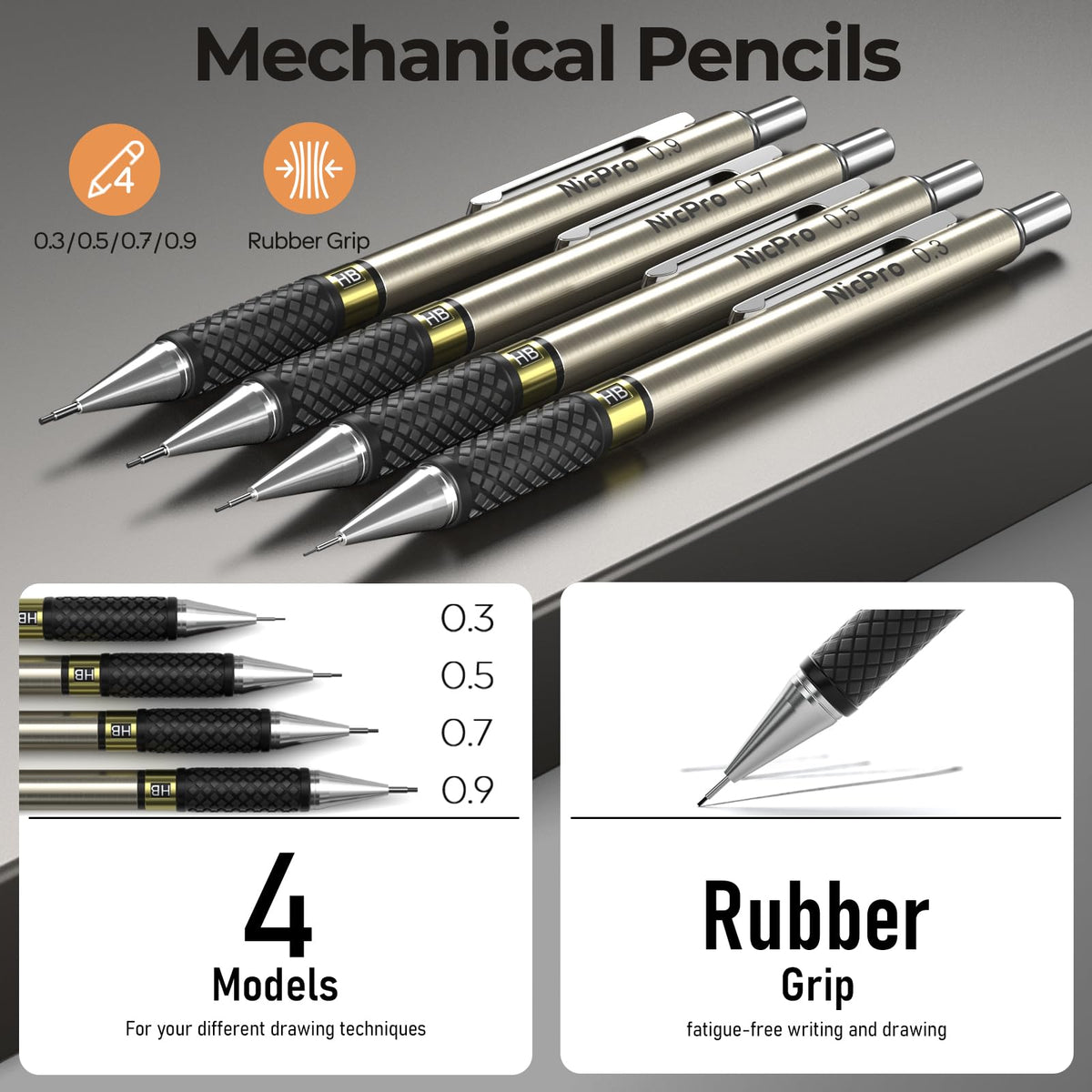 Nicpro 37PCS Gold Art Mechanical Pencil Set, 0.3/0.5/0.7/0.9/2mm Point