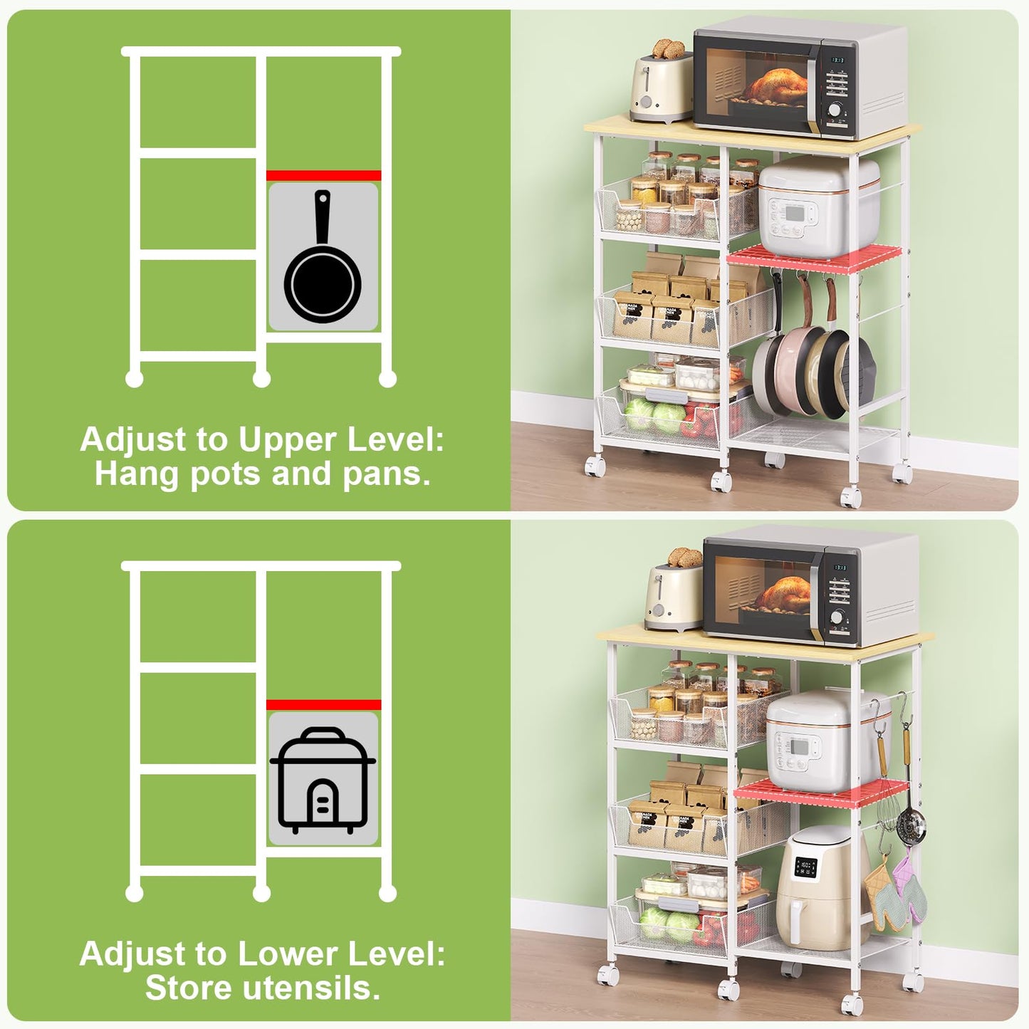 Rolling Kitchen Microwave Organizer Cart, Adjustable Shelves, White