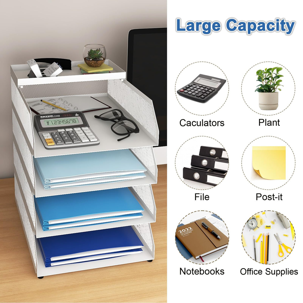 Natwind 4-Tier Stackable Metal Mesh Desk Paper Tray Organizer,White