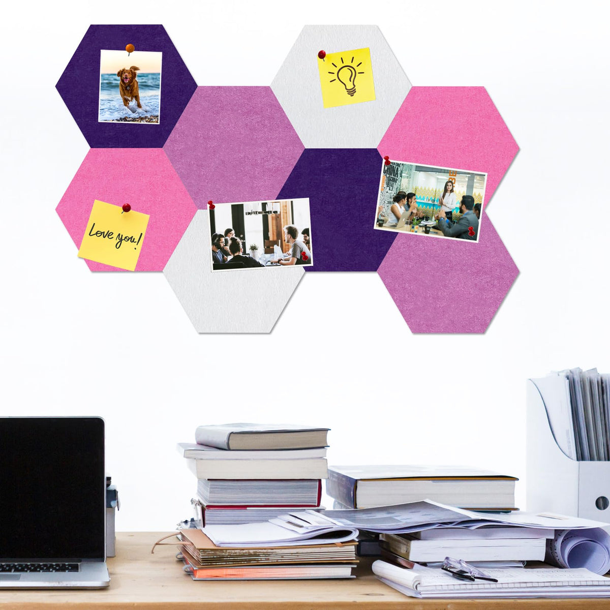 HULAVO Large Hexagon Felt Cork Board Tiles, Self Adhesive DIY Felt Bulletin Board Pin Board with 35