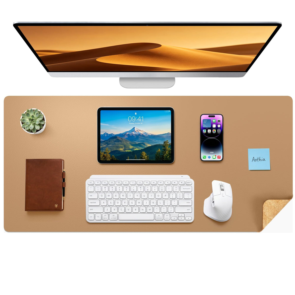 Aothia Dual-Sided Desk Pad - Leather Desk Mat, Natural Cork Desk Pad Protector, Large Mouse Pad for