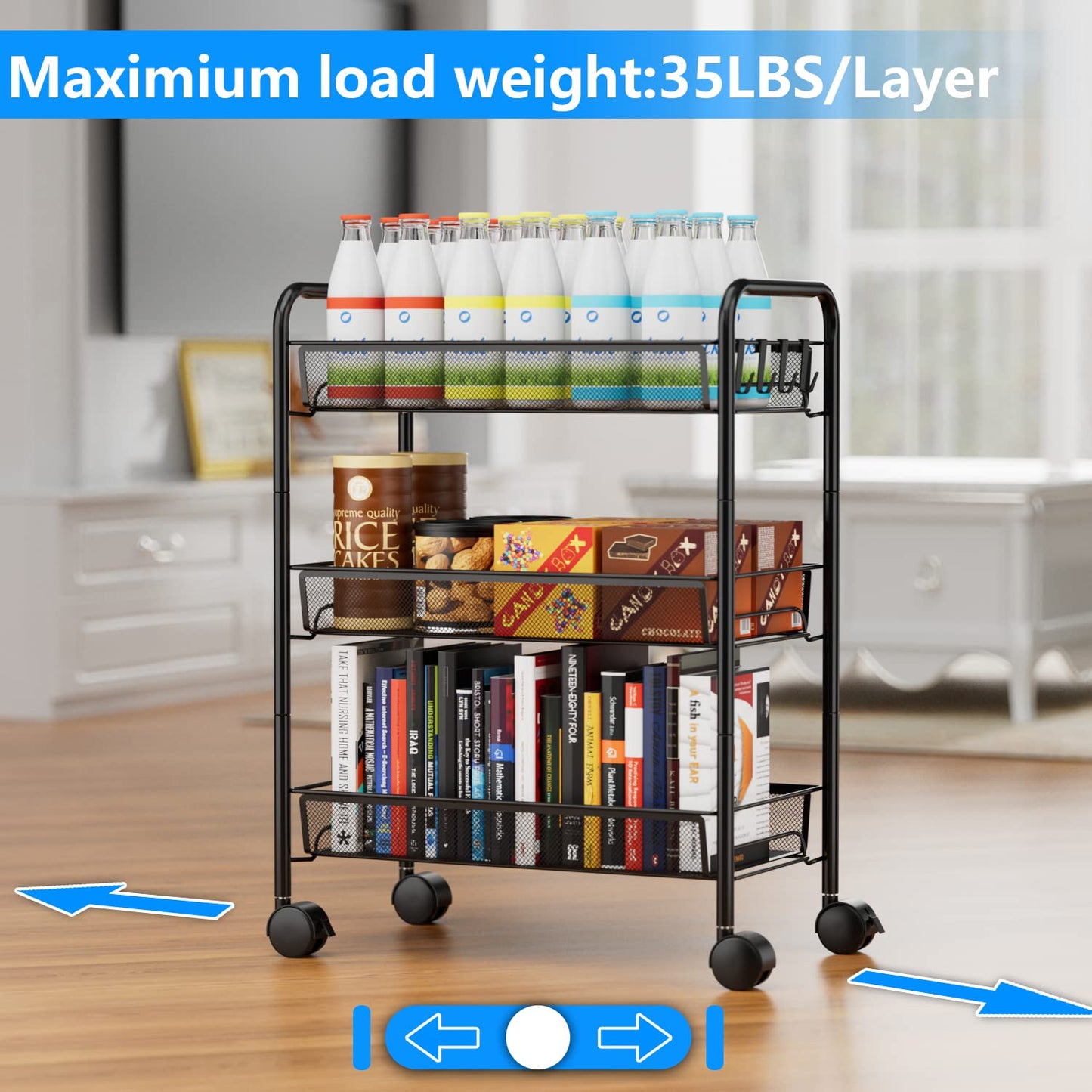 3-Tier Mesh Rolling Cart - 24.8" H Fits Under Desk Metal Cart with Wheel