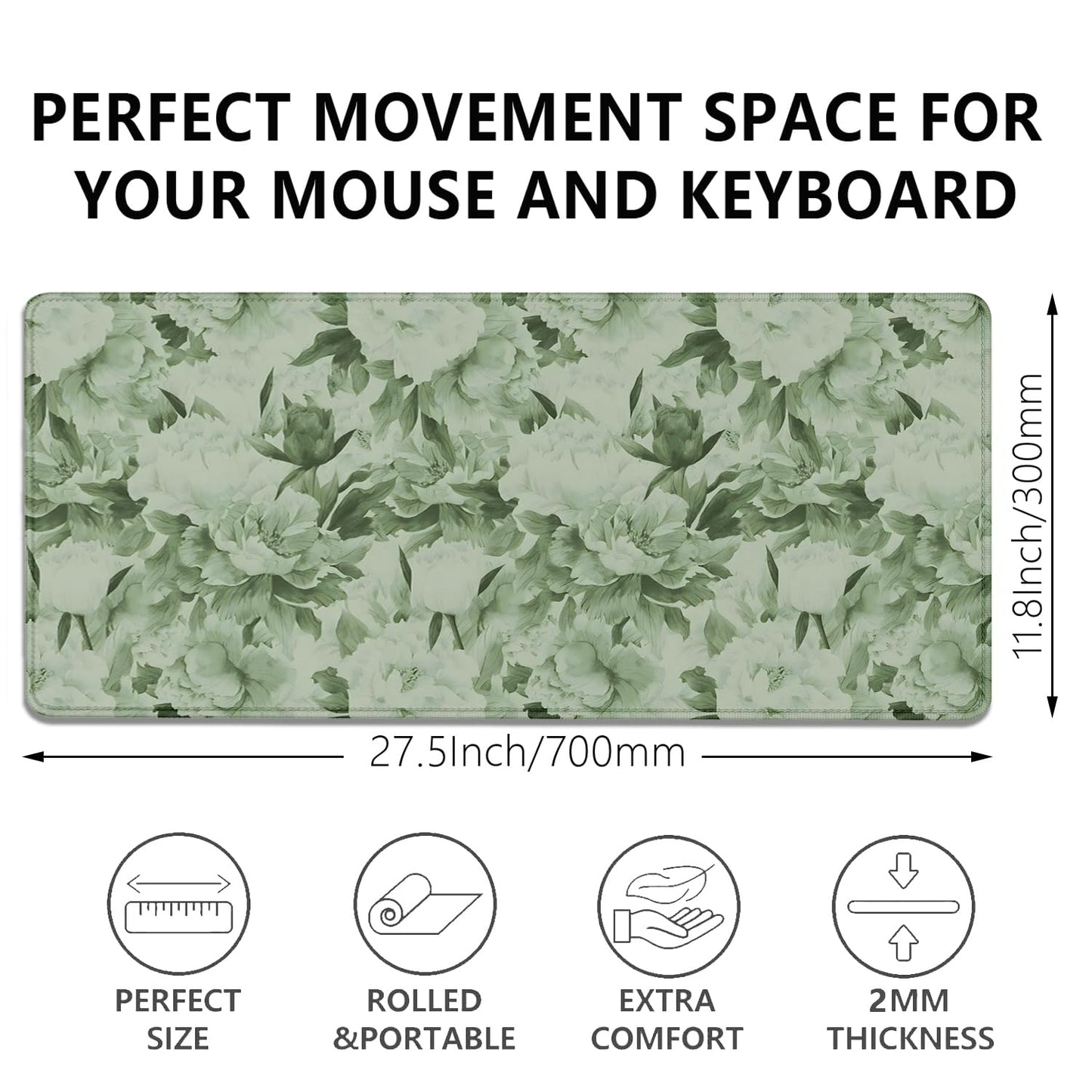 Sage Green Floral Desk Pad Extended Mouse Pad,Large Gaming Floral Mouse Mat with Stitched