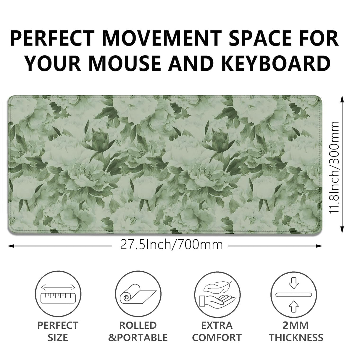 Sage Green Floral Desk Pad Extended Mouse Pad,Large Gaming Floral Mouse Mat with Stitched