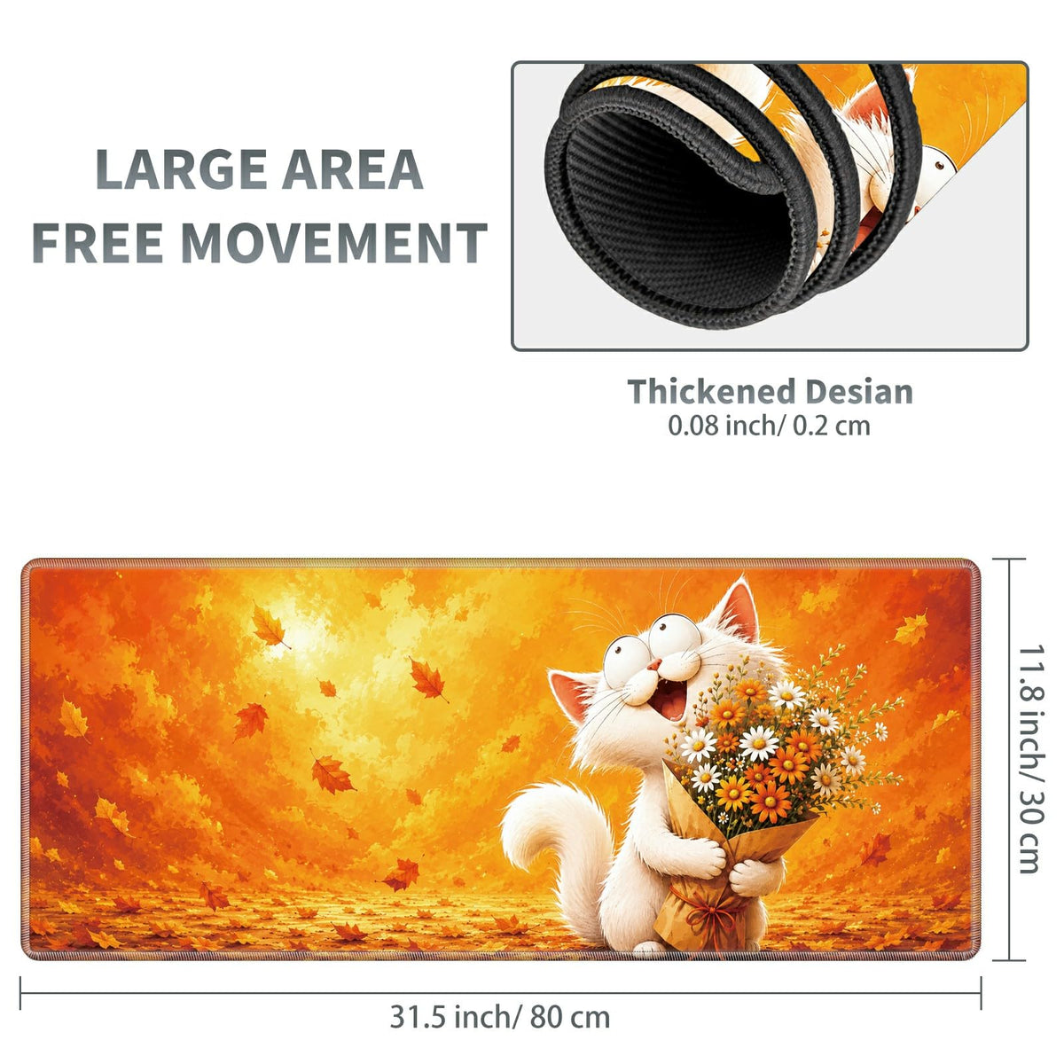Autumn Flower Cat Large Mouse Pad, 31.5 x 11.8 in Extended Desk Mat