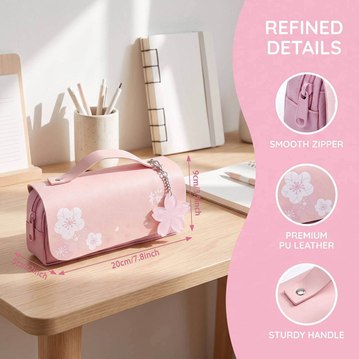 JELLYEA Kawaii Cherry Blossom Pencil Bag Pink Sweet Pencil Case, Pink