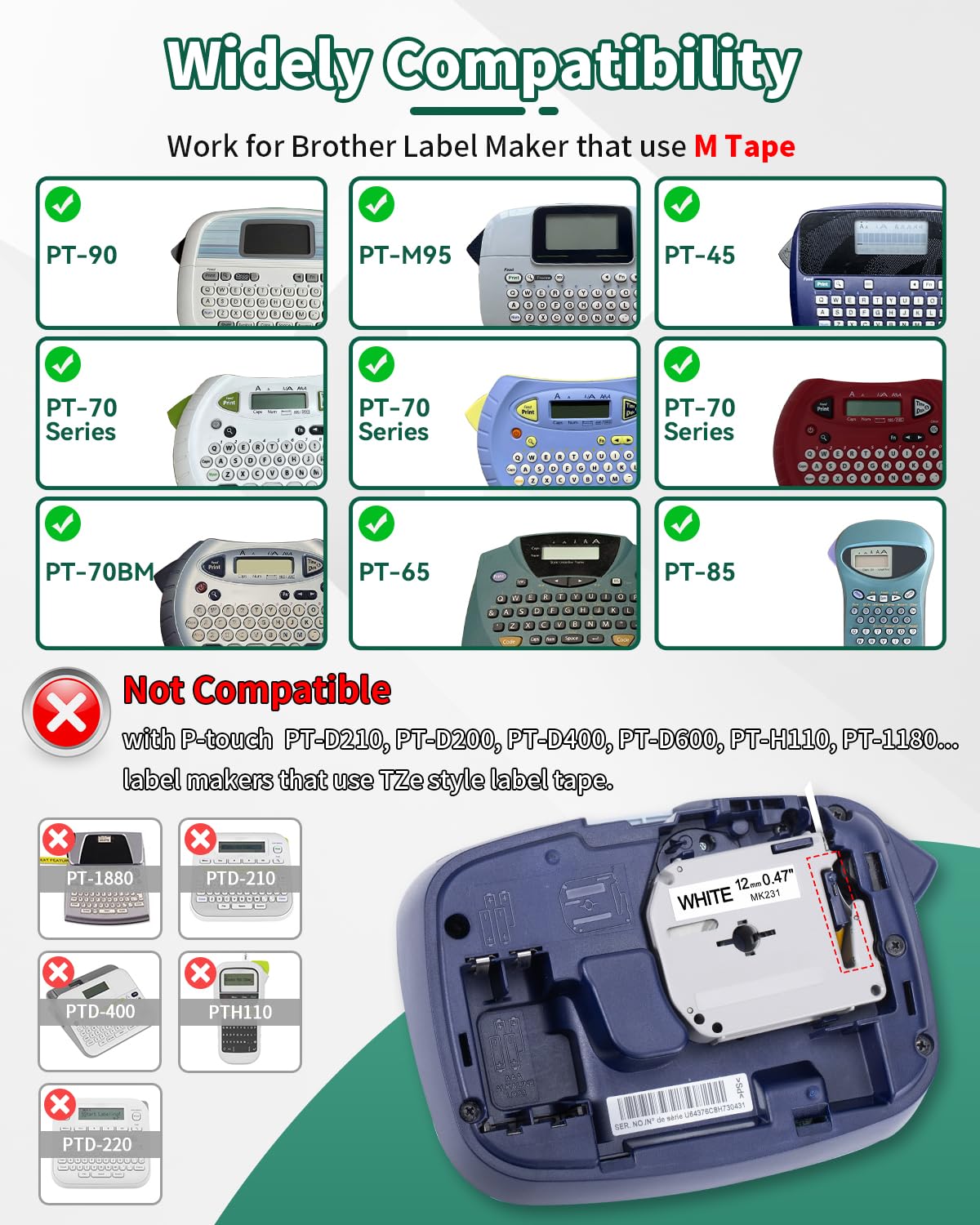 6Pk M-K231 Compatible with Brother PTouch M Tape 12mm 0.47 White