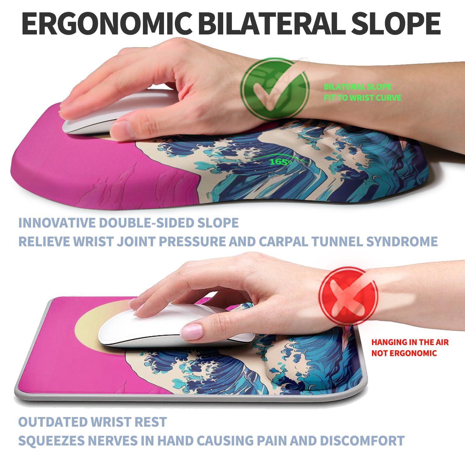Gleamtide Ergonomic Raised Mouse Pad Wrist Support with Bilateral Slope Memory Foam Mousepad for