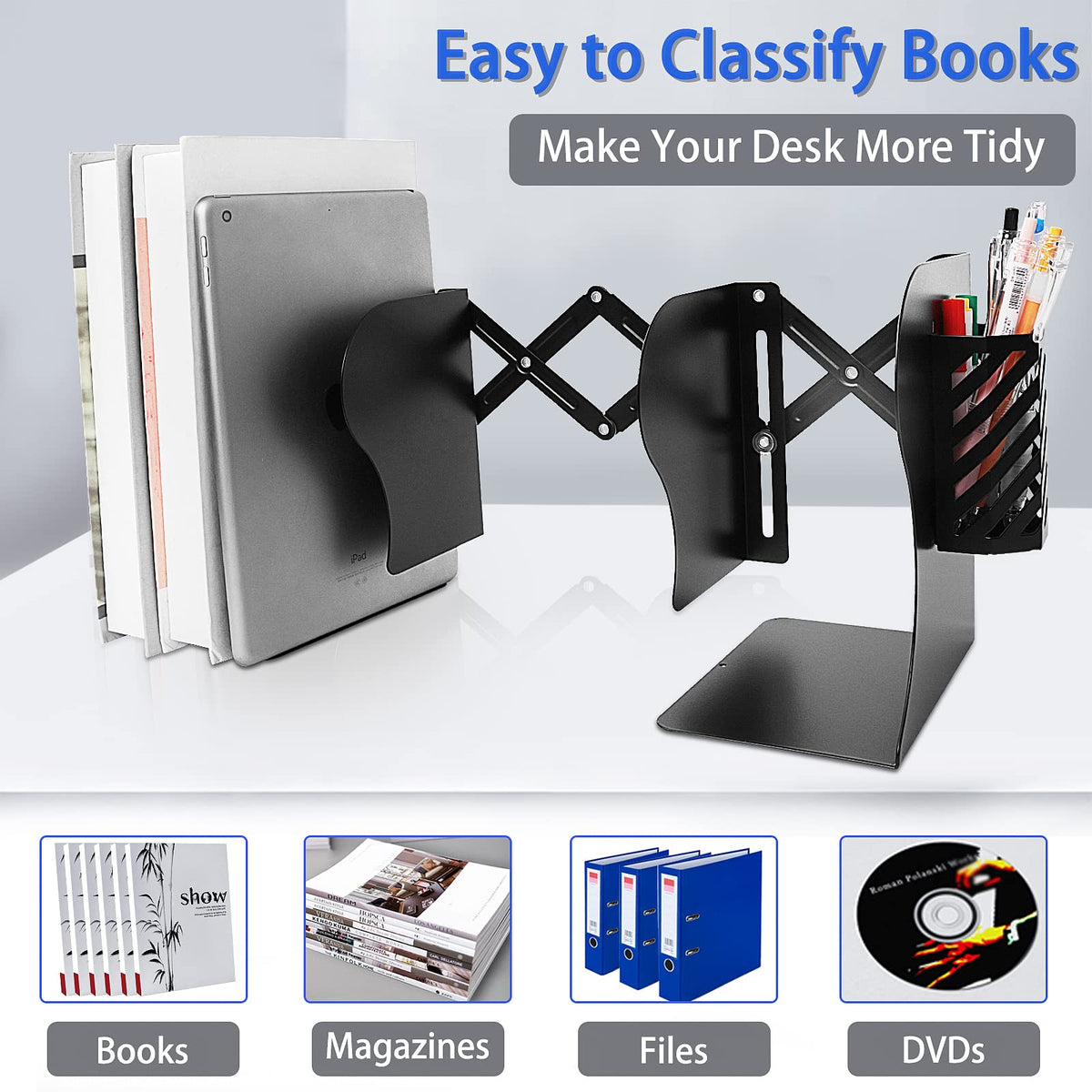 2PCS Heavy Duty Book Ends to Hold Books with Pen Holder, Adjustable Bookends, Metal Book Ends for