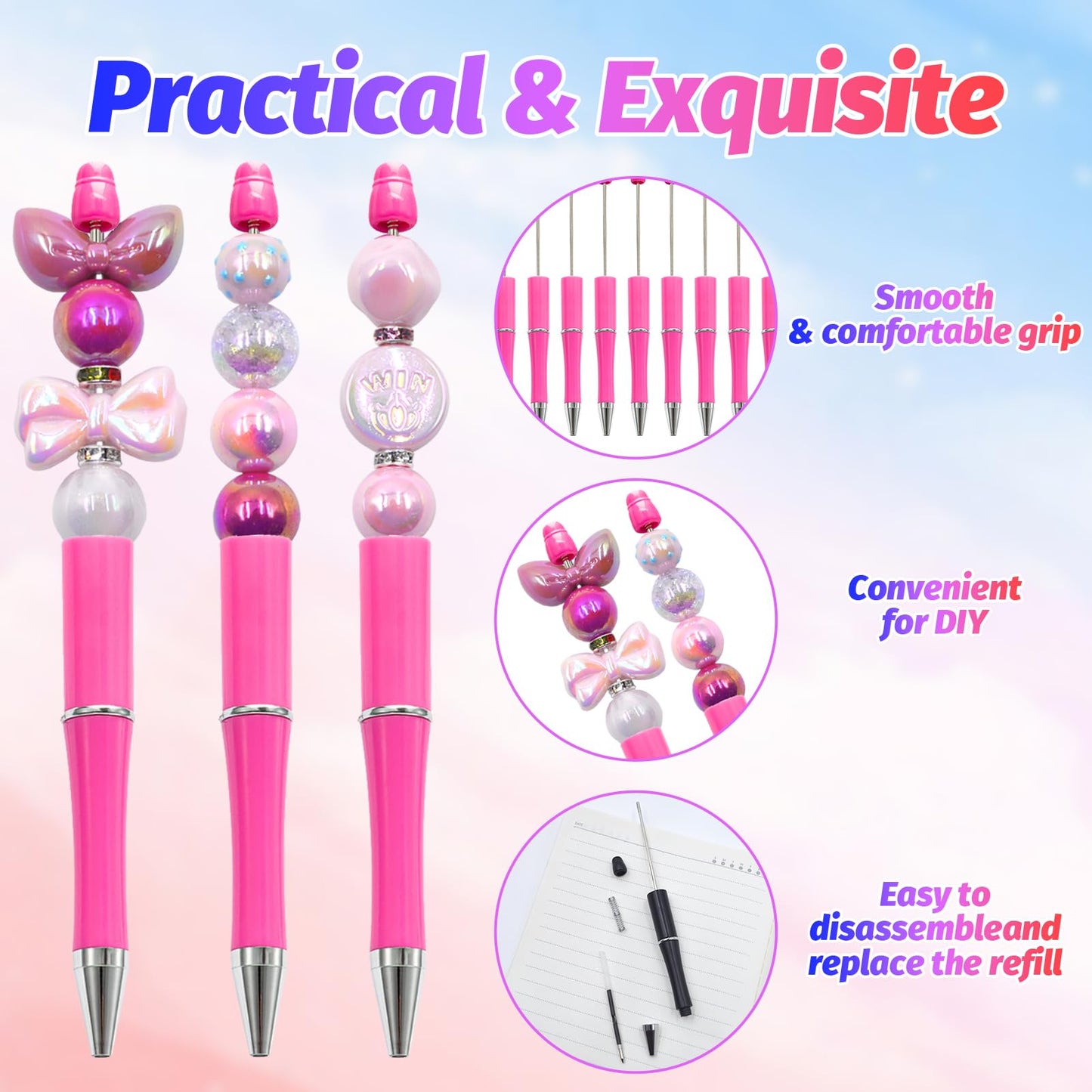 DASTTUIS 300 Pieces DIY Beadable Pen Kit – 100 Plastic Ballpoint Pens with Refills & Bags – School