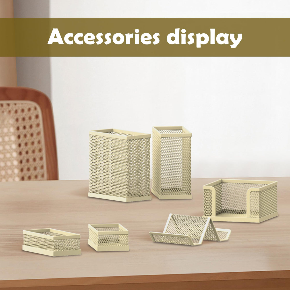 Pen Holder for Desk, 6-Piece Mesh Desk Organizer with Phone Holder, Gold