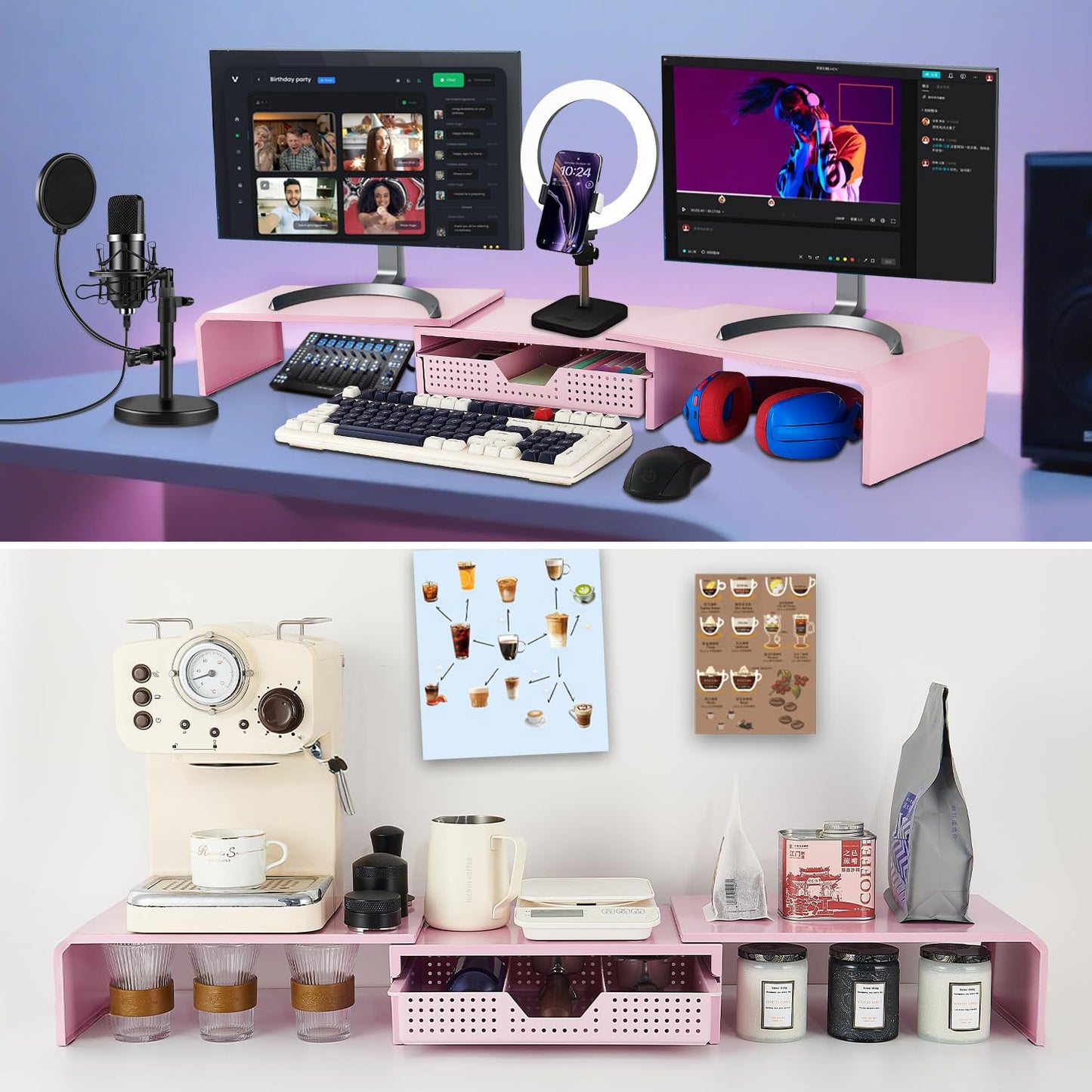 LEKETREE Dual Monitor Stand Riser with Drawer, Desk Organizer and Accessories, Pink Monitor Stand