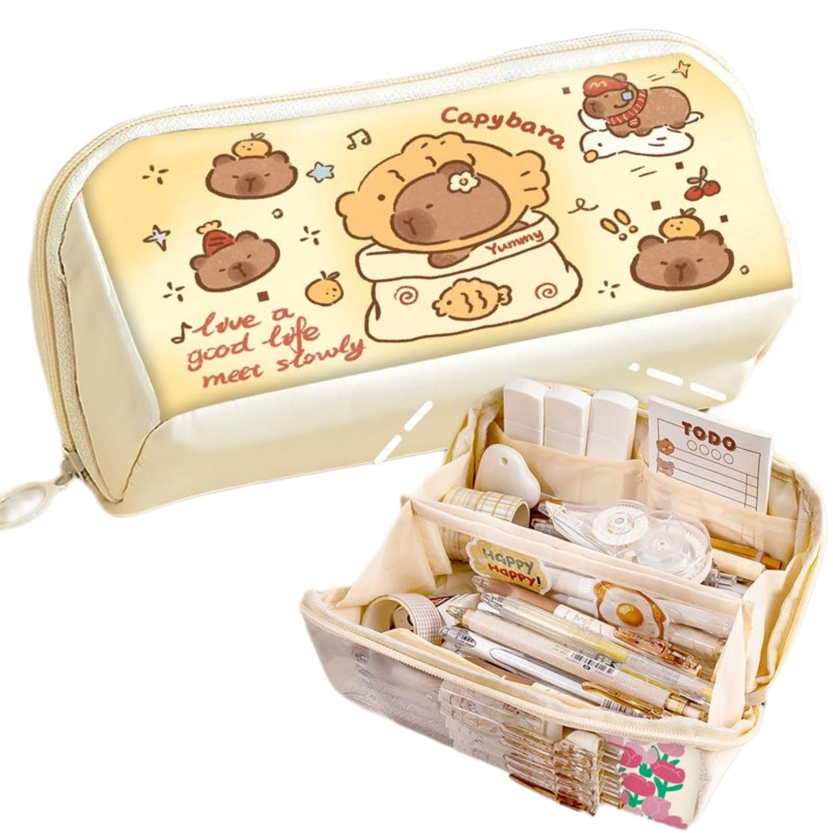 SIORTIO Pencil Pouch Multi-Layer Large Capacity Capybara Print Quirky Fun Cute (Beige-1)