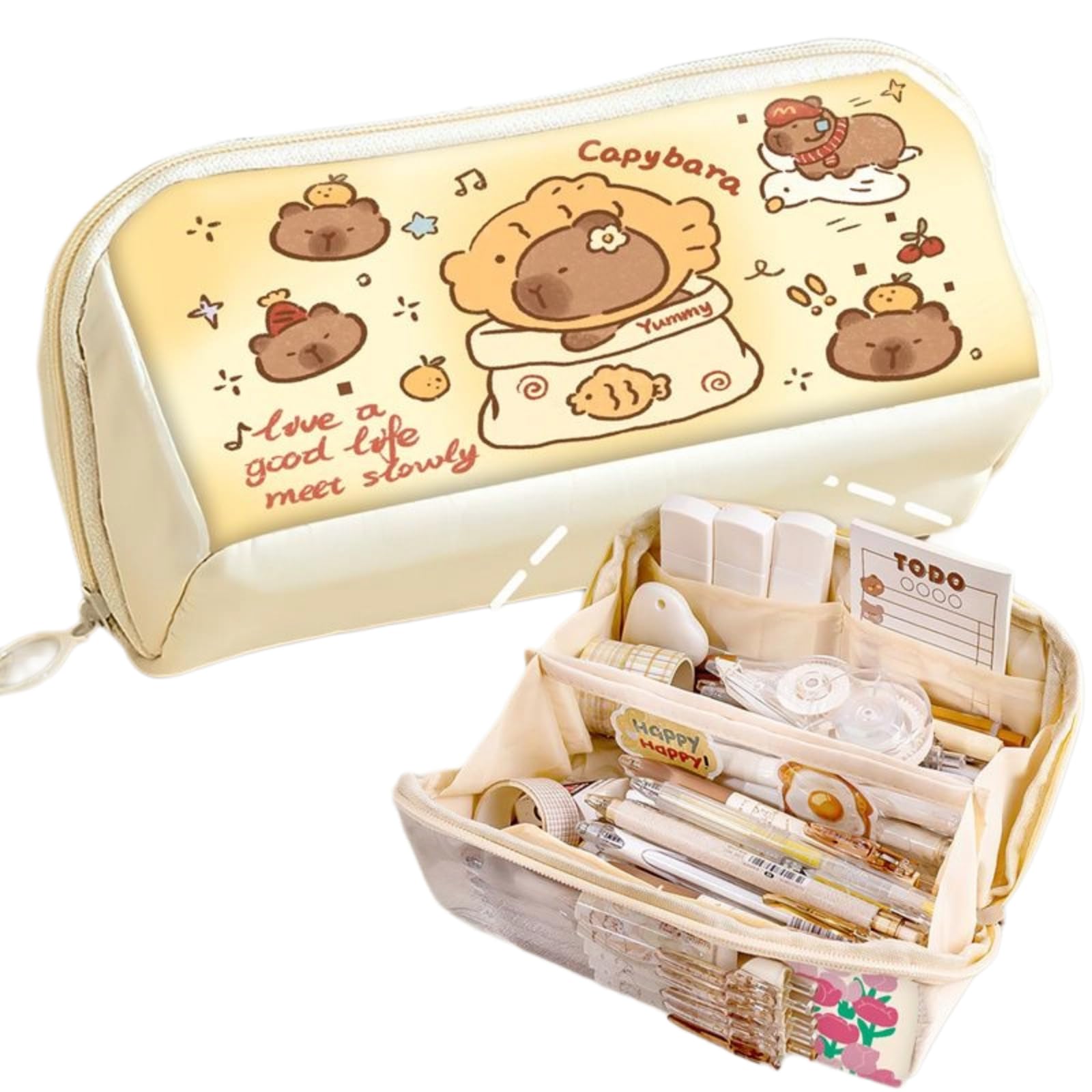 SIORTIO Pencil Pouch Multi-Layer Large Capacity Capybara Print Quirky Fun Cute (Beige-1)