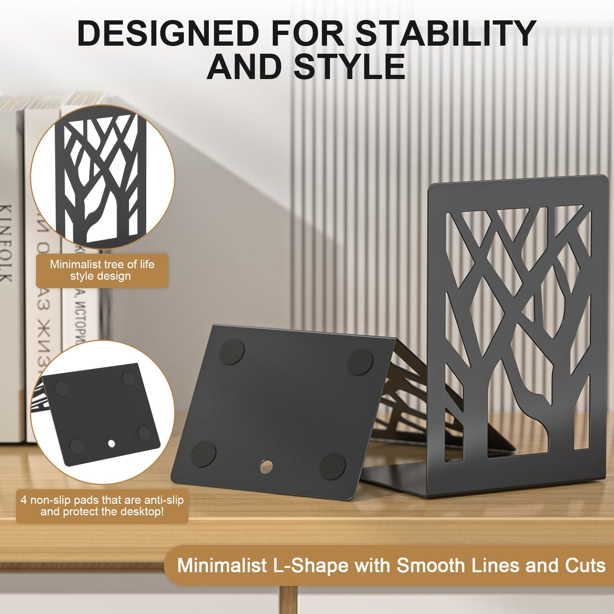 ALOTCHE Bookends 8 Pieces, Tree Design Modern Metal Bookends for Shelves, Black Tree Book Ends