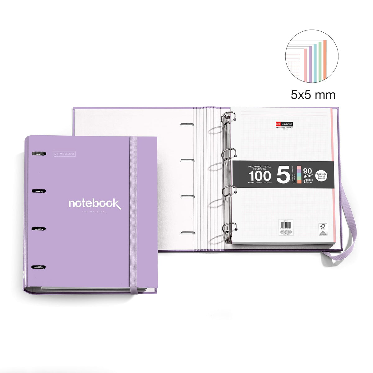 Miquelrius - A4 4 Ring Binder + Refill 100 A4 Sheets, Small Squares 5 mm, Paper 90 g/m², Rubber