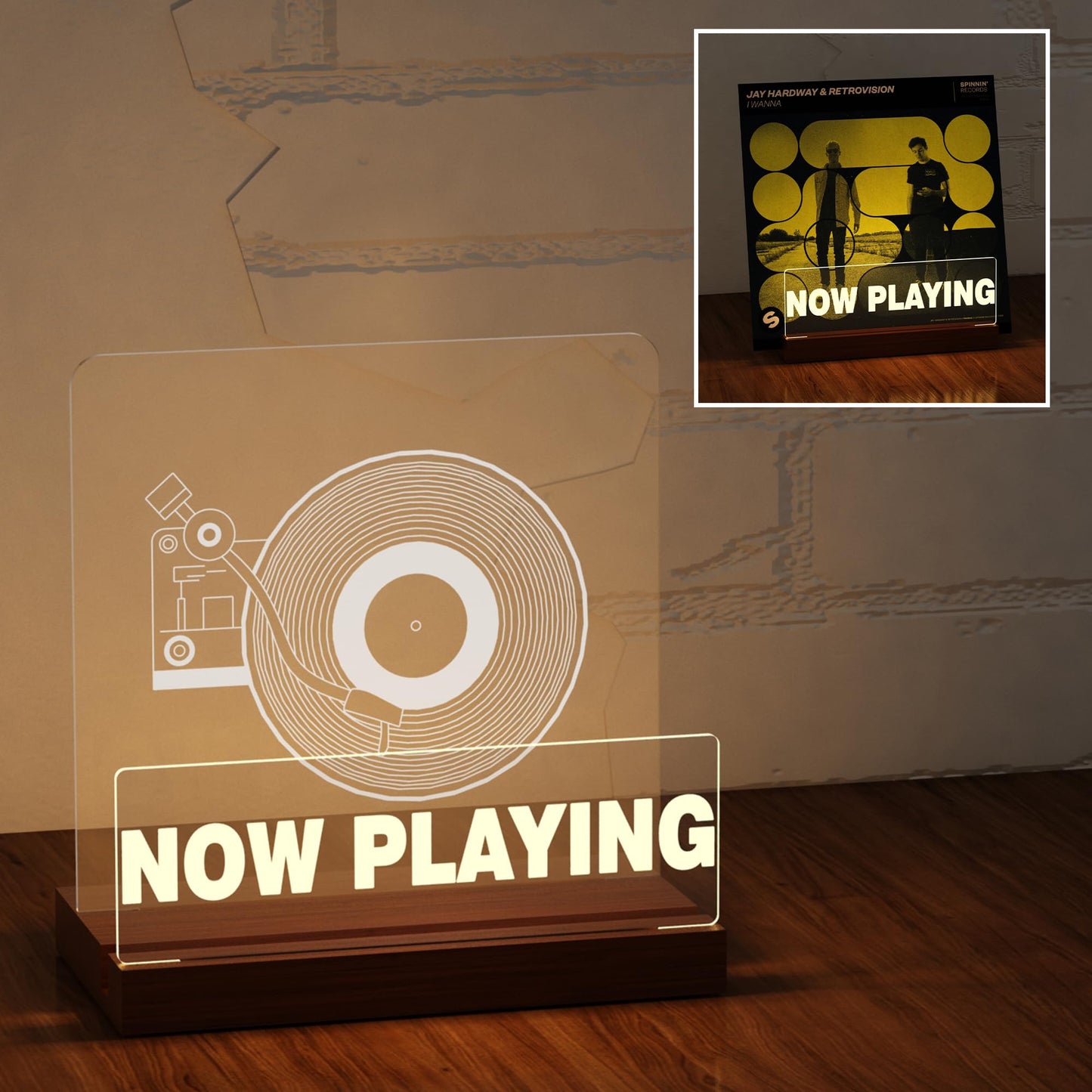 Ammonite Light up Vinyl Record Stand, Wooden Acrylic Holder for Album Display and Storage, Warm