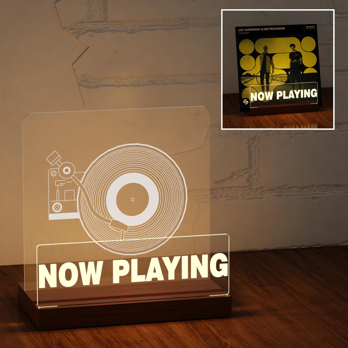 Ammonite Light up Vinyl Record Stand, Wooden Acrylic Holder for Album Display and Storage, Warm