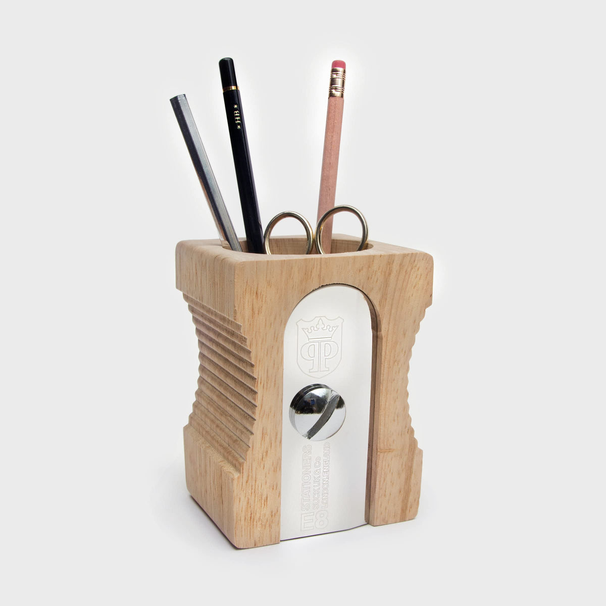 Suck UK Pen Holder - Wooden Pencil Sharpener - Stationary Organiser - Desk Tidy - Quirky Office