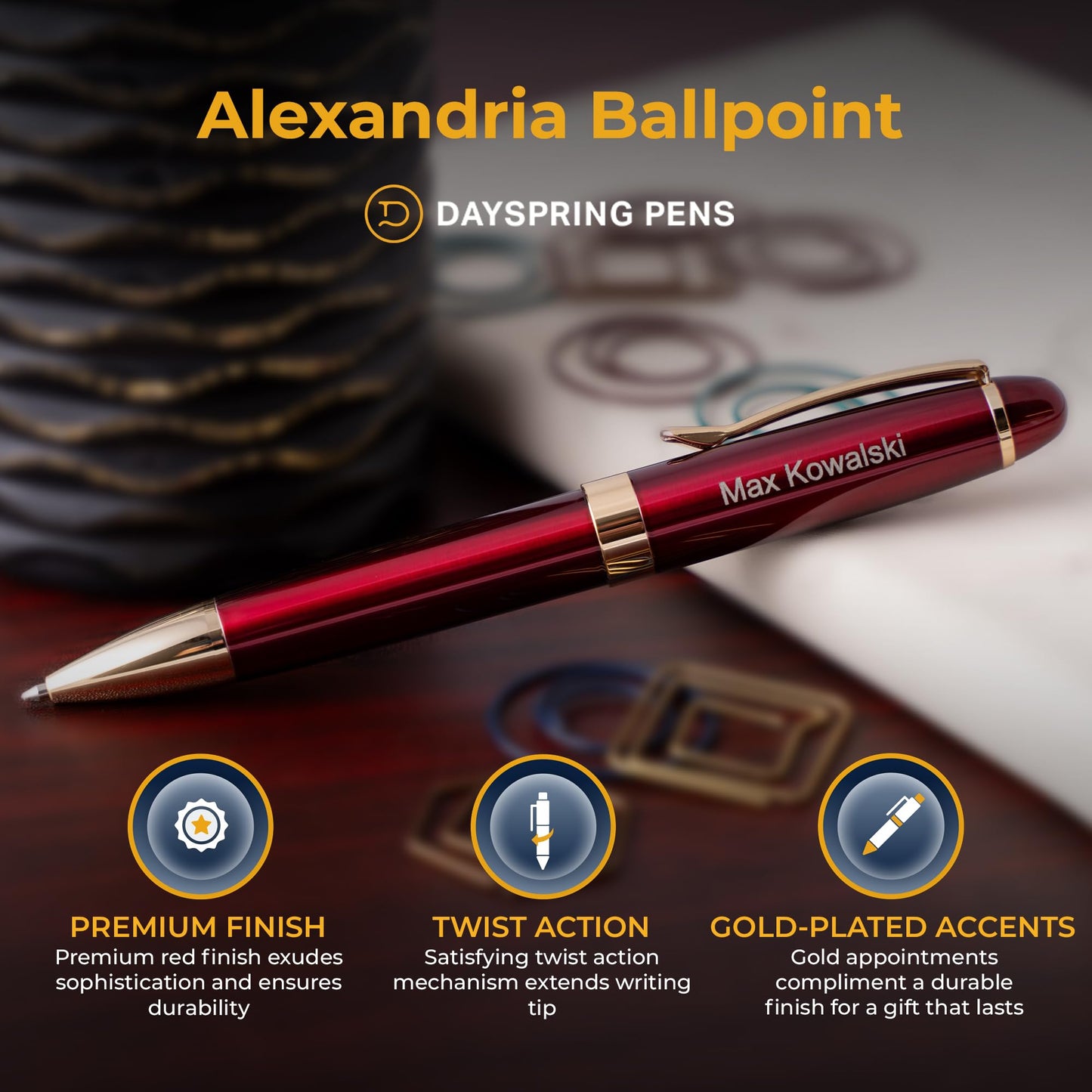Dayspring Pens | Engraved Alexandria Twist Action Red Ballpoint Gift Pen with Case. Custom Engraved